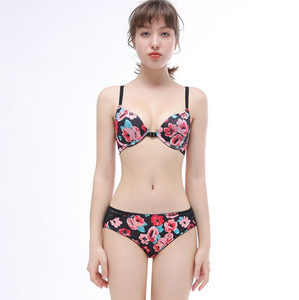 T Racerback Flower Print Front Buckle Push-up Bra Panty Sets